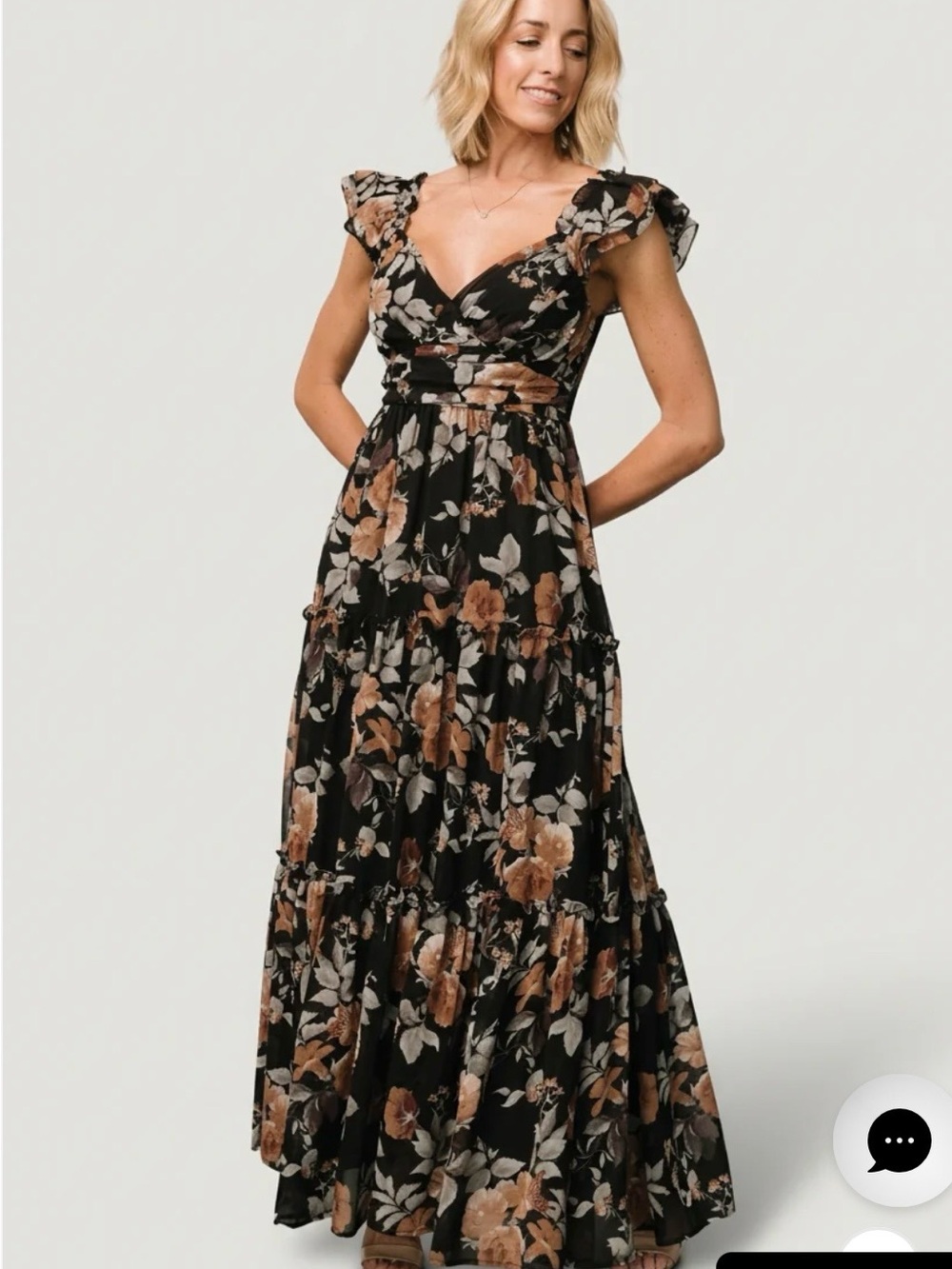 NWT Baltic Born Martina in Black & Copper Floral Maxi Dress with Ruffle Sz Large